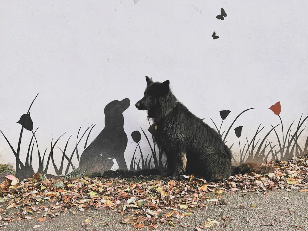 ein Hund, der vor einer Wand sitzt, mit einem Gemälde von einem Hund und einem