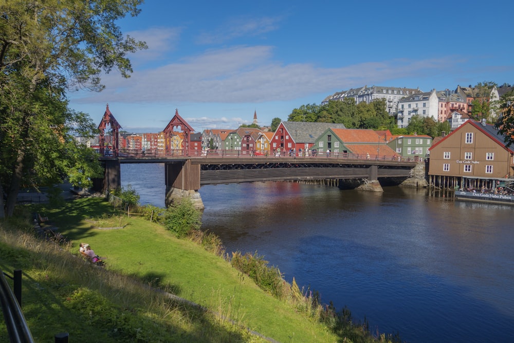 a bridge over a body of water with buildings in the background