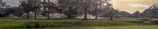 A lush landscape featuring a well-maintained golf course with large trees in the foreground. Sprinklers are actively watering the grass, creating arcs of water. In the distance, there's a small pond and golf carts suggesting leisure and recreation activities.