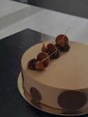 A smooth, round cake with a velvety beige surface is adorned with dark chocolate disks and caramelized decorations perched on top. The cake sits on a golden base, and the overall presentation is elegant and sophisticated.