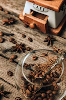 A rustic coffee grinder surrounded by freshly roasted coffee beans on a tan linen cloth.
