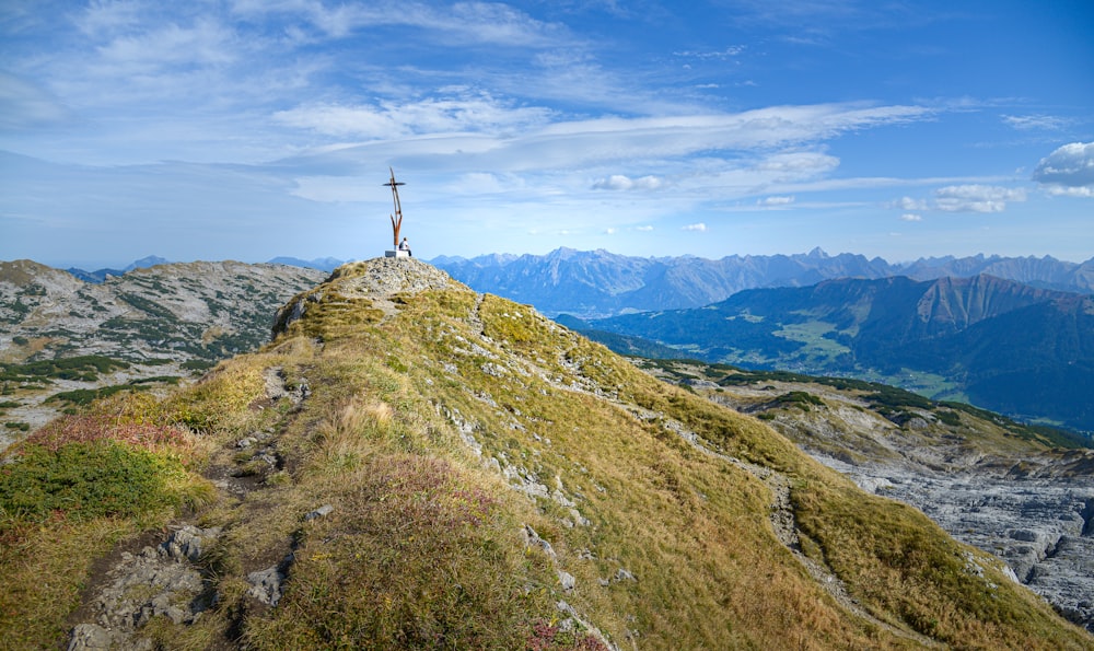 a person standing on top of a grass covered hill