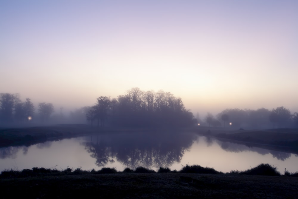 a body of water surrounded by fog and trees