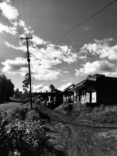 A rural road flanked by foliage leads to a series of small structures or houses. Overhead, electricity lines stretch across the sky which is filled with scattered clouds, creating a tranquil setting. The road and vegetation suggest a remote area potentially in a village or countryside.