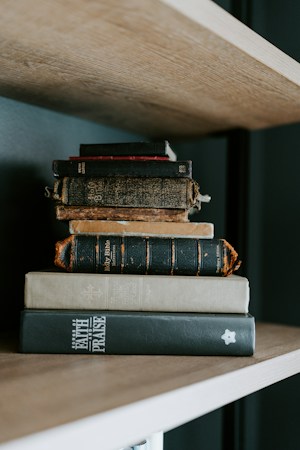A stack of used books sits on a wooden shelf, the kind teachers filled bags with at the 10-cent sale