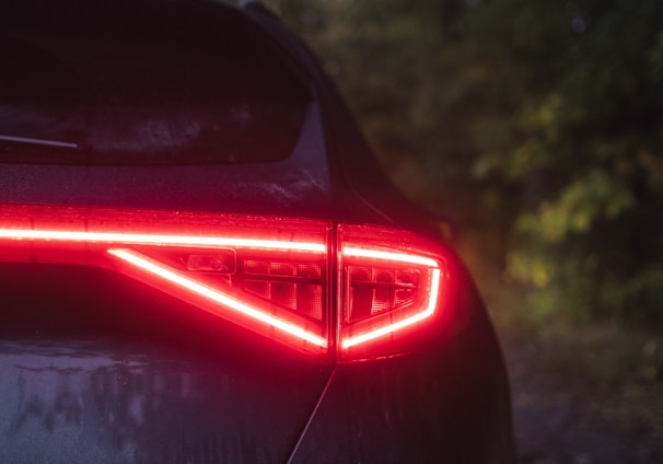 the tail lights of a car in the woods