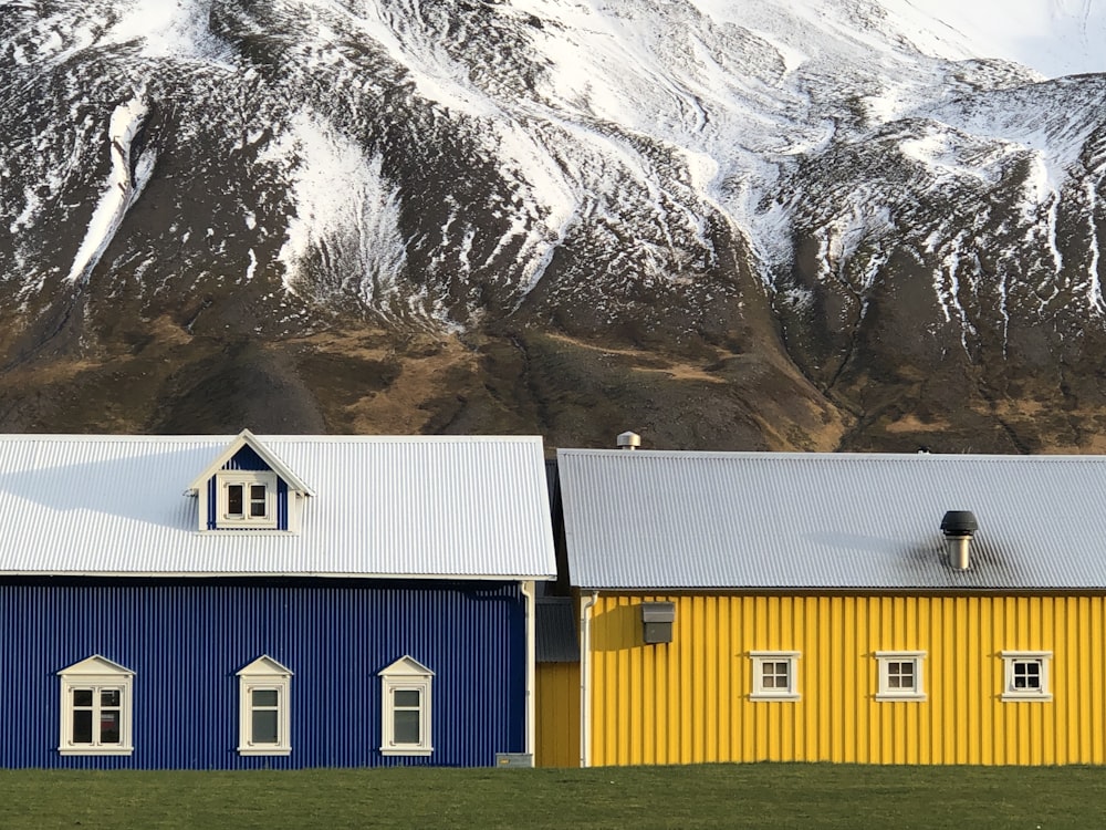 a row of colorful houses with a mountain in the background