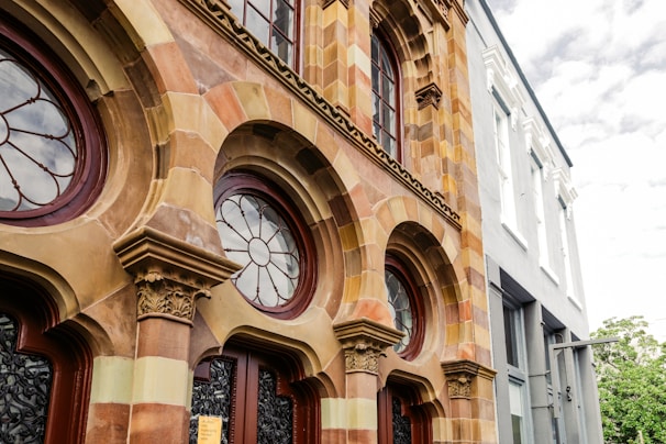 Renovated historic building facade blending old and new elements
