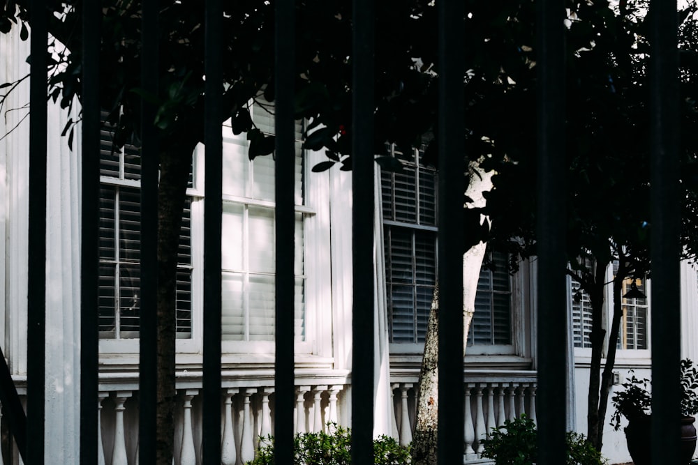 a white building with a bunch of trees in front of it