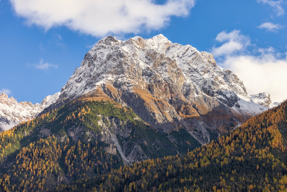 a mountain range with trees in the foreground and clouds in the background