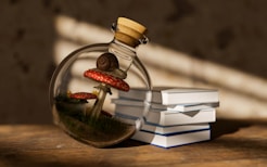 a glass bottle with a mushroom inside of it