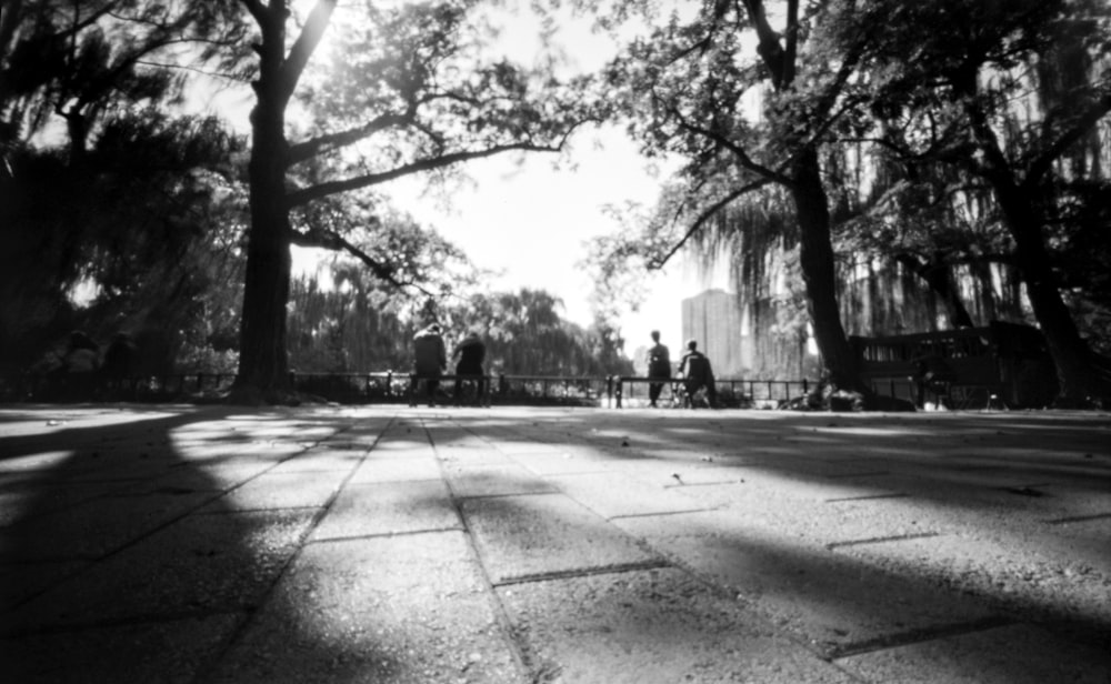 a black and white photo of people sitting on benches under trees