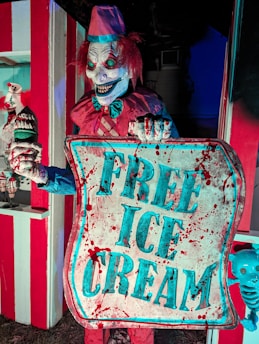 A sinister clown figure with red hair and a disturbing grin holds a sign with the words 'FREE ICE CREAM' splattered in fake blood. The clown, dressed in a red and blue outfit with a matching hat, also holds a bloody ice cream cone. The background features a red and white striped booth, adding to the carnival-like setting. The overall scene is designed to evoke a sense of horror.