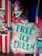 A sinister clown figure with red hair and a disturbing grin holds a sign with the words 'FREE ICE CREAM' splattered in fake blood. The clown, dressed in a red and blue outfit with a matching hat, also holds a bloody ice cream cone. The background features a red and white striped booth, adding to the carnival-like setting. The overall scene is designed to evoke a sense of horror.