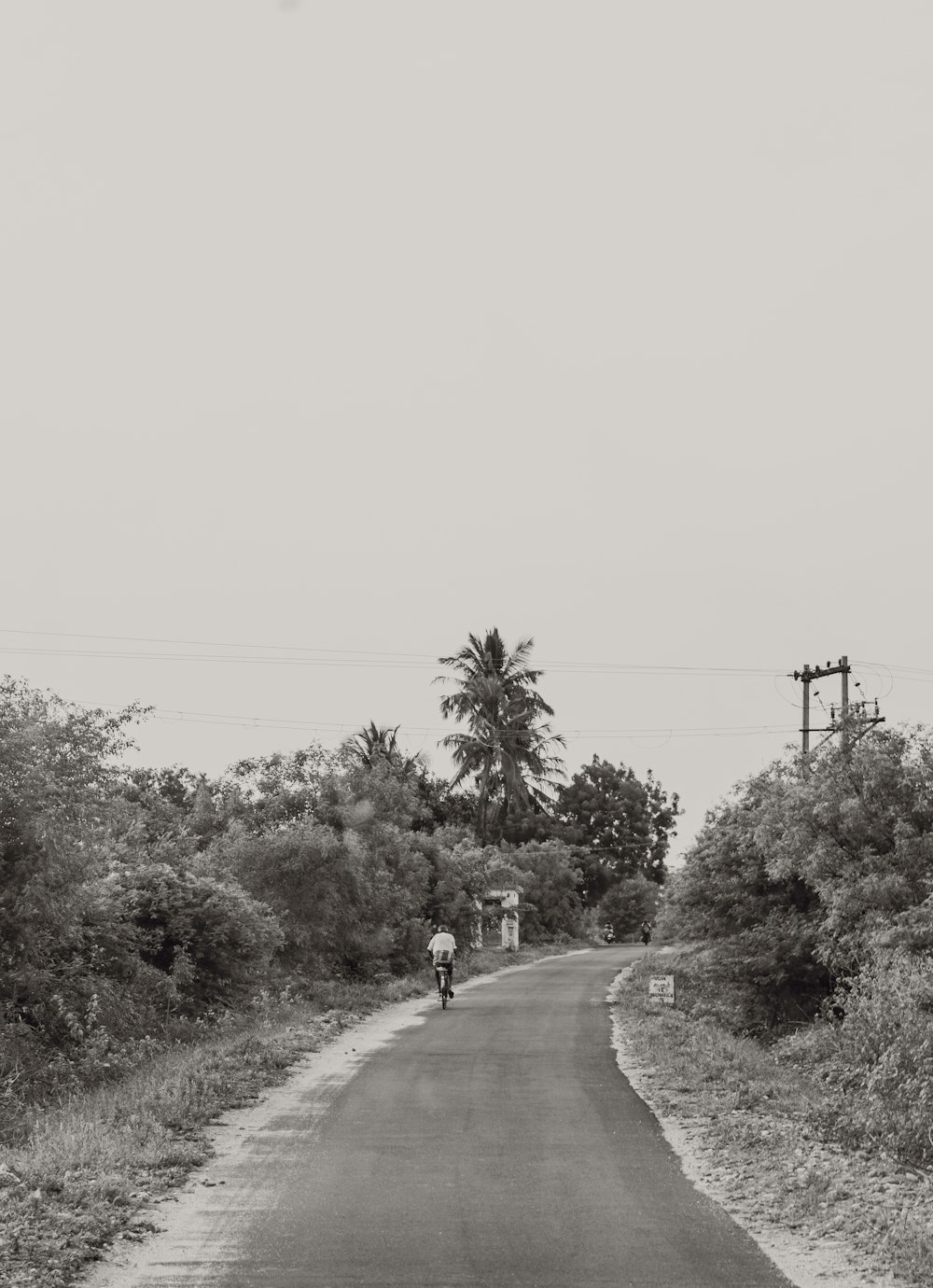 a black and white photo of a person riding a bike down a road
