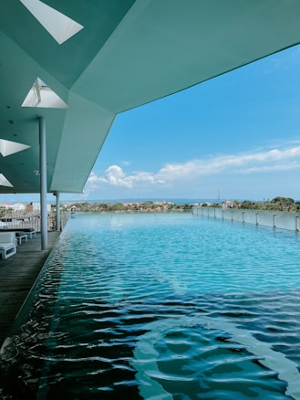 A large infinity pool extends towards a distant horizon, bordered by a sleek, modern overhang structure. The water reflects the clear blue sky, and in the distance, a line of trees and buildings is visible. Poolside loungers suggest a relaxing environment.