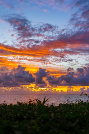 A vibrant sunset over the sea with a silhouette of a woman in a tropical print outfit.