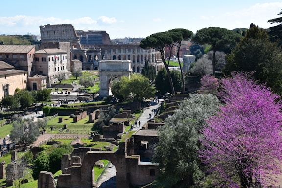 A scenic view of an ancient Roman site with historic ruins and the Colosseum in the background. The landscape includes lush greenery and blooming trees with pink and green hues. Several pathways and older structures are visible, surrounded by vibrant natural elements.