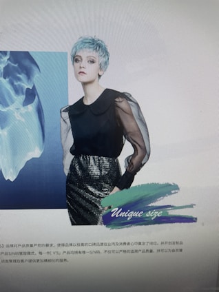 A model stands confidently, wearing a stylish outfit with a sheer black top and a textured black and white skirt. Short, light blue hair complements the fashion-forward look. The background features abstract blue designs, and the text 'Unique size' is displayed with a brushstroke design.