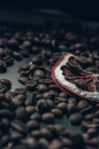 A close-up view of roasted coffee beans scattered on a surface with a dried citrus slice partially visible among the beans. The image has a dark and moody aesthetic with a soft focus effect, emphasizing the textures and shapes of the beans and citrus peel.