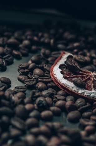A close-up view of roasted coffee beans scattered on a surface with a dried citrus slice partially visible among the beans. The image has a dark and moody aesthetic with a soft focus effect, emphasizing the textures and shapes of the beans and citrus peel.