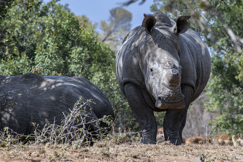 Two rhinos in dry grassland