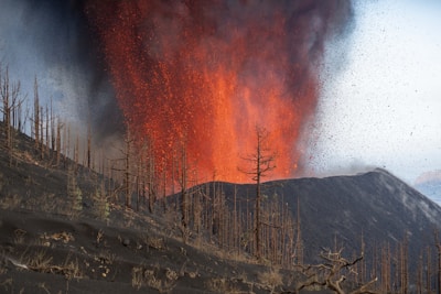 Lava erupts violently from a volcano, surrounded by scorched trees and a dark, ashen landscape. Fiery red and orange lava contrasts starkly against the black volcanic rock while smoke and ash billow into the sky.
