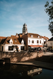A cozy café terrace in a charming European town during golden hour