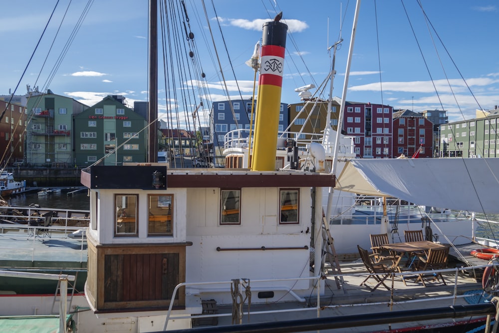 a boat docked in a harbor with buildings in the background