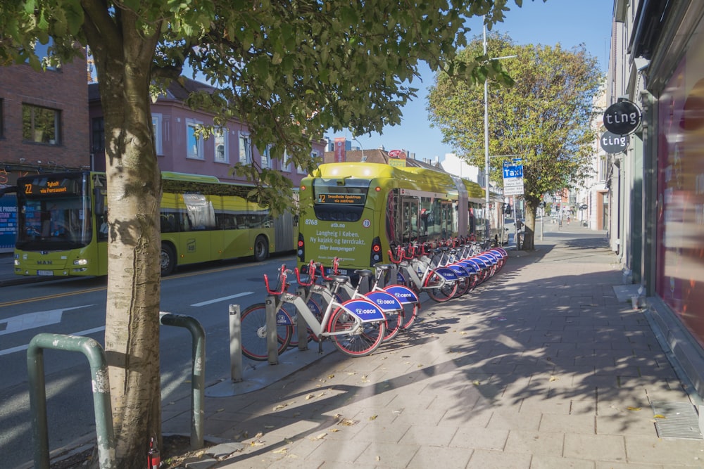 uma fila de bicicletas estacionadas na lateral de uma rua