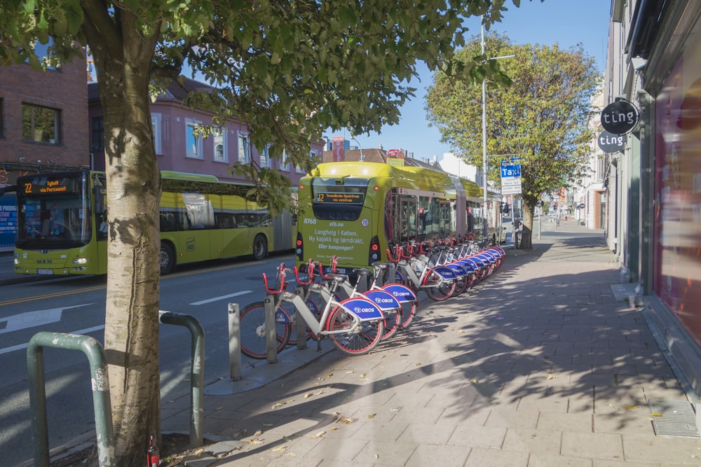 a row of bikes parked on the side of a street