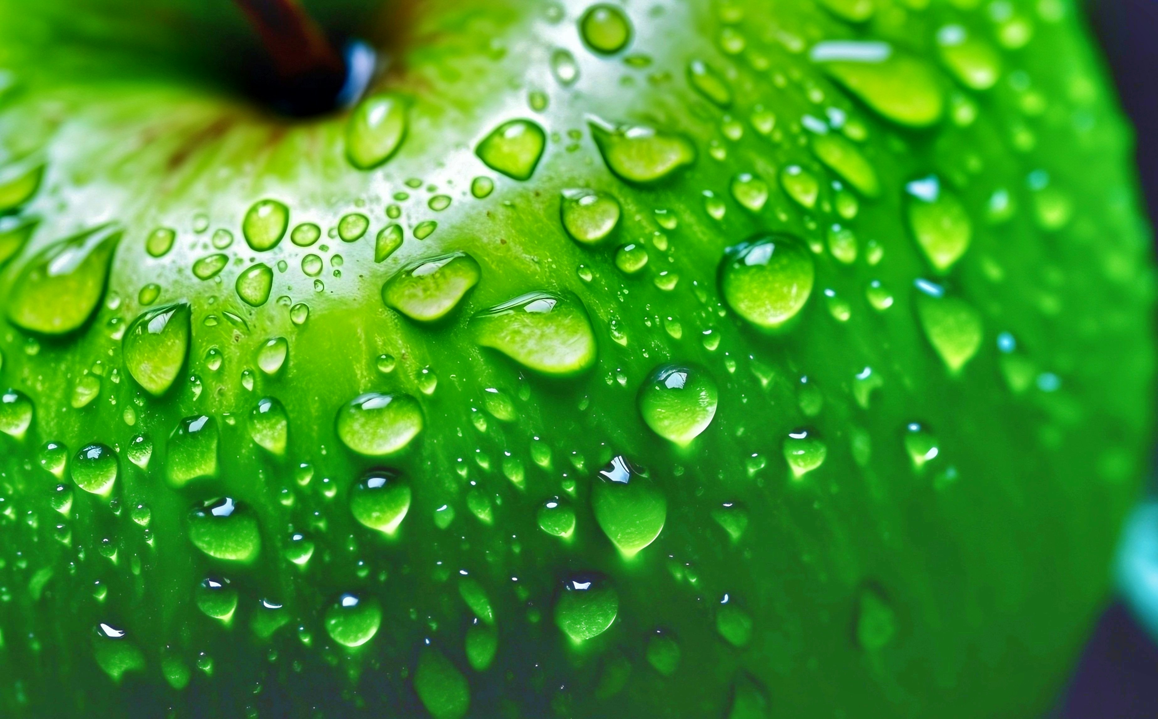 Green apple with water drops