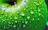 Close-up of a green apple-flavored liquid supplement bottle with droplets on it.
