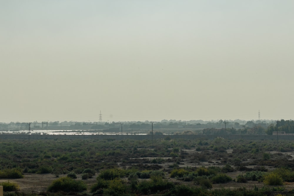 a large body of water sitting in the middle of a field