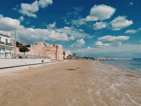 a sandy beach next to a body of water