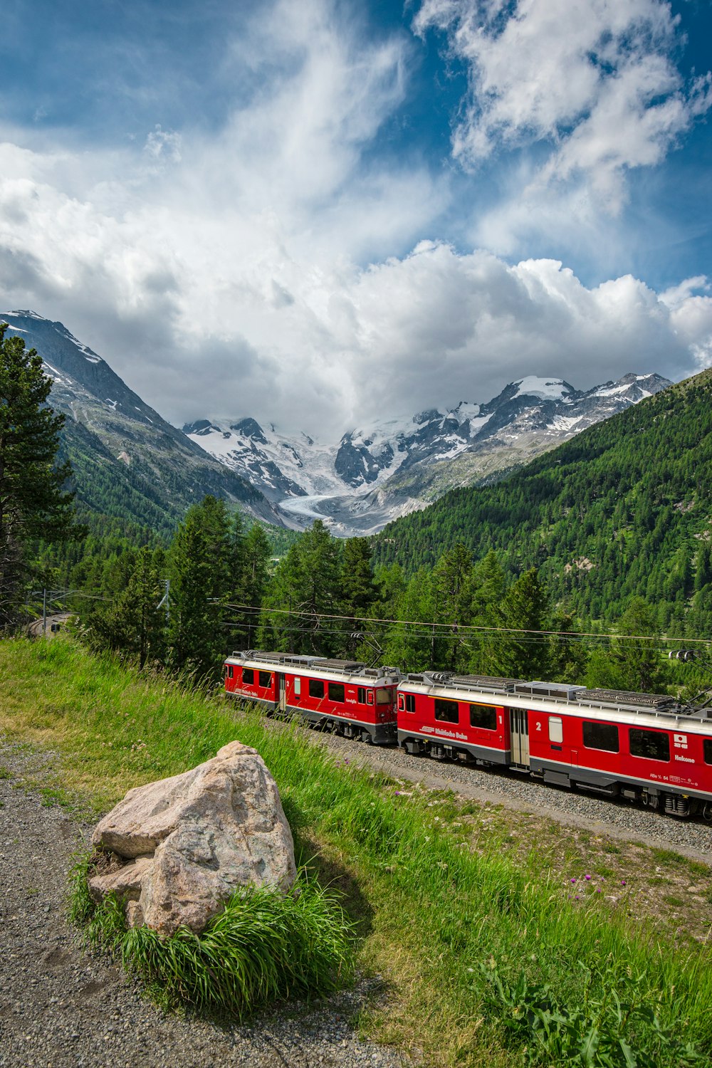 a red train traveling through a lush green forest