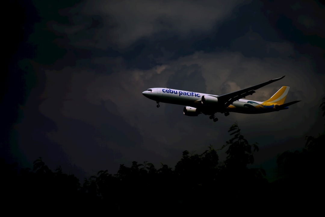 a plane is flying in the dark sky, Spotted a Cebu Pacific airplane taking off
