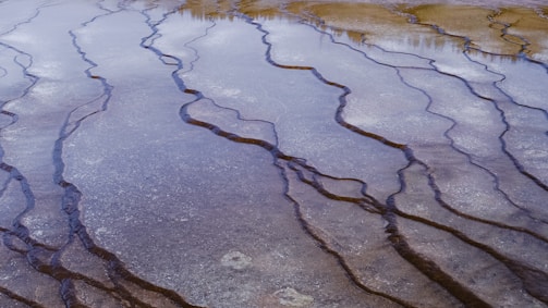 The image features a textured landscape with a series of intricate, wavy lines formed possibly by mineral deposits and shallow water. The pattern creates an abstract, natural design on the ground. Reflective surfaces and subtle transitions between brown and grey tones are present, suggesting a unique geological formation.