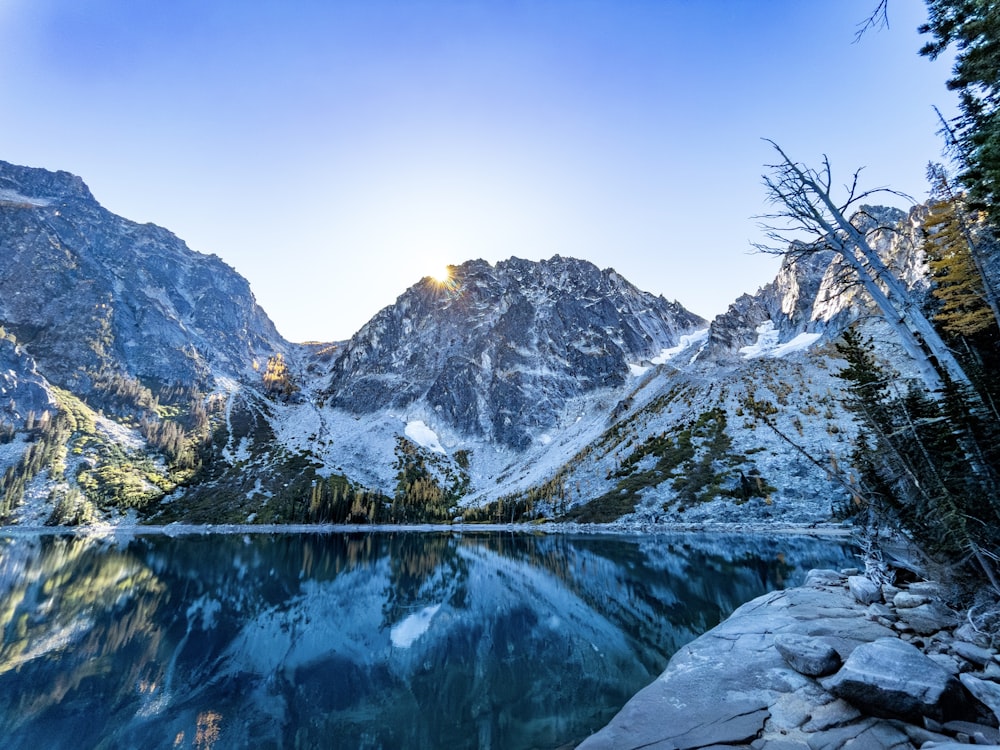 a mountain lake surrounded by snow covered mountains