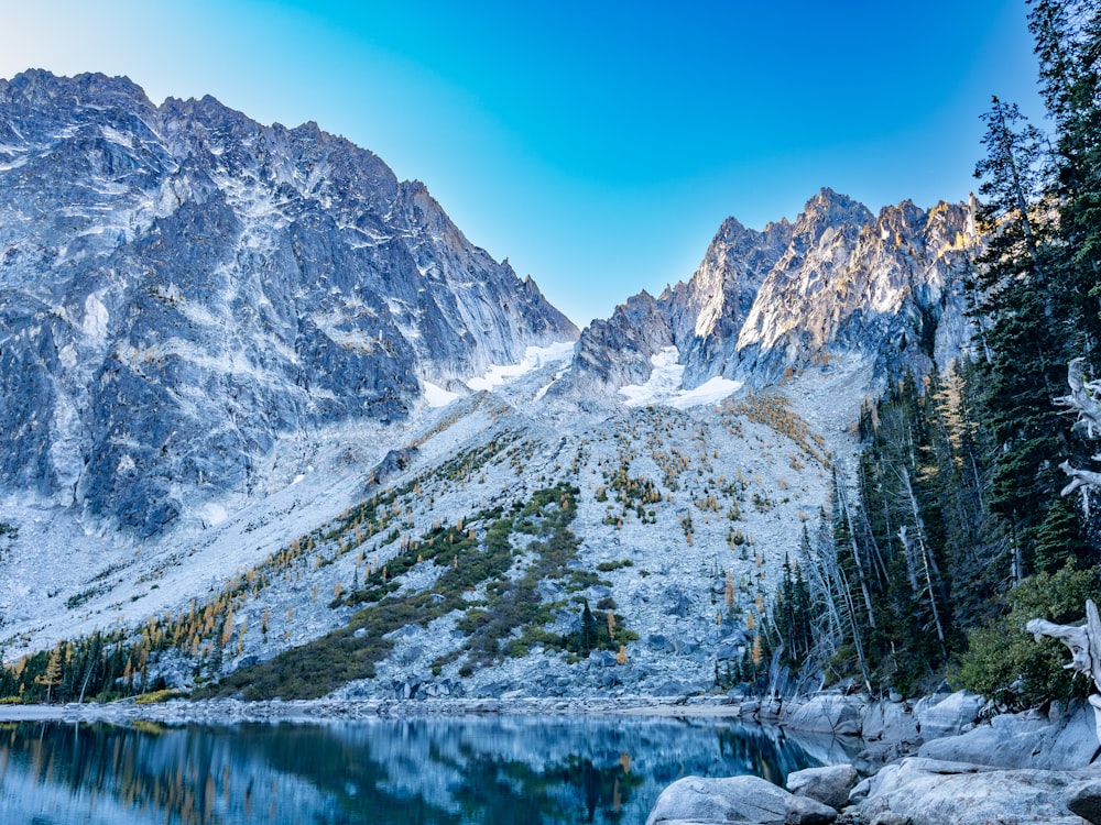 a mountain range with a lake in the foreground