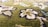 A close-up view of a green carpet with intricate floral patterns. The design includes flowers and leaves in shades of white, blue, and brown, outlined in dark blue. The texture of the carpet is visible, suggesting a soft, plush surface.