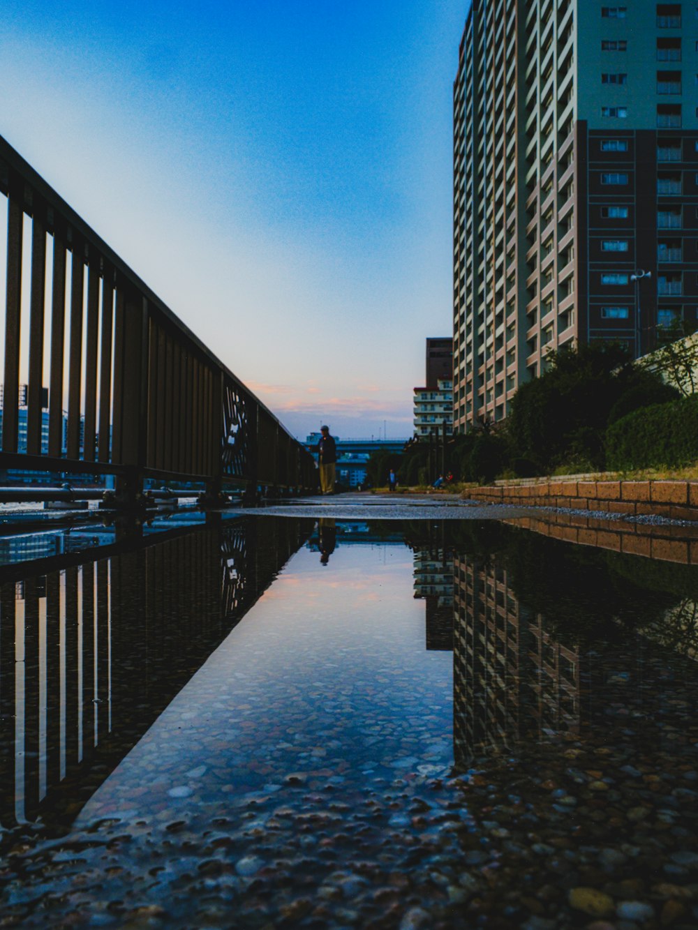 a body of water with buildings in the background