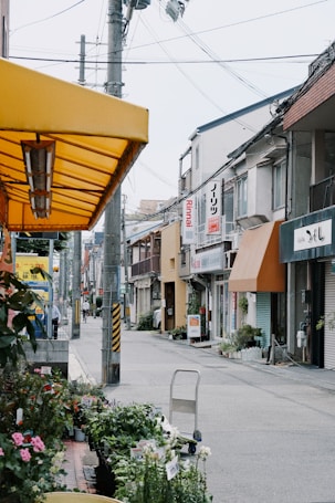A quiet street lined with small shops and buildings, featuring a large yellow awning on the left side. The street has electrical poles and power lines crisscrossing above. There are potted plants and flowers displayed on the sidewalk, and a small cart is visible near the street.