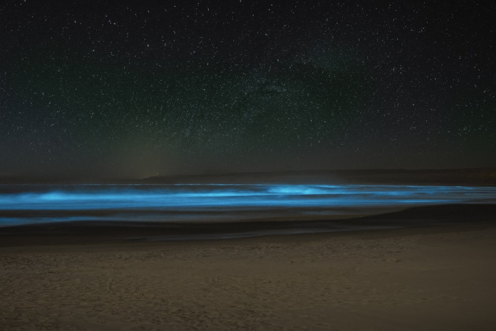 a beach at night with blue lights on the sand