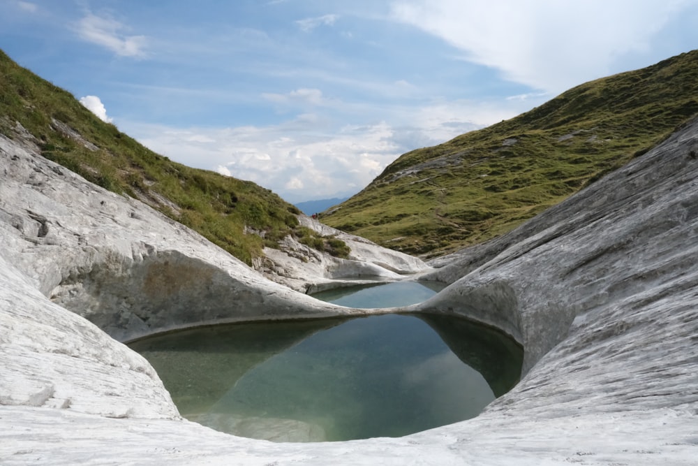 a small pool of water in the middle of a mountain