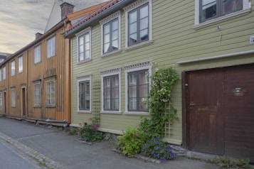 A quaint street featuring traditional wooden houses with colorful facades. The house on the right is painted light green with white-trimmed windows and is adorned with climbing plants and flowers. The adjacent house is a warm brown color with a rustic appearance. The cobbled sidewalk in front adds to the historic charm.