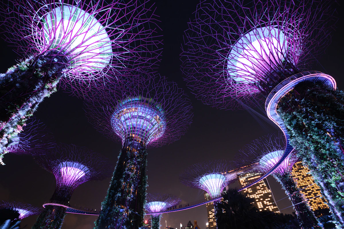 Gardens by the Bay Supertree Grove, lit up under monsoon skies