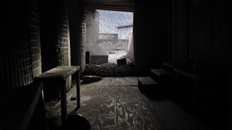 A tense moment inside a dimly lit bunker filled with supplies and lurking dangers.