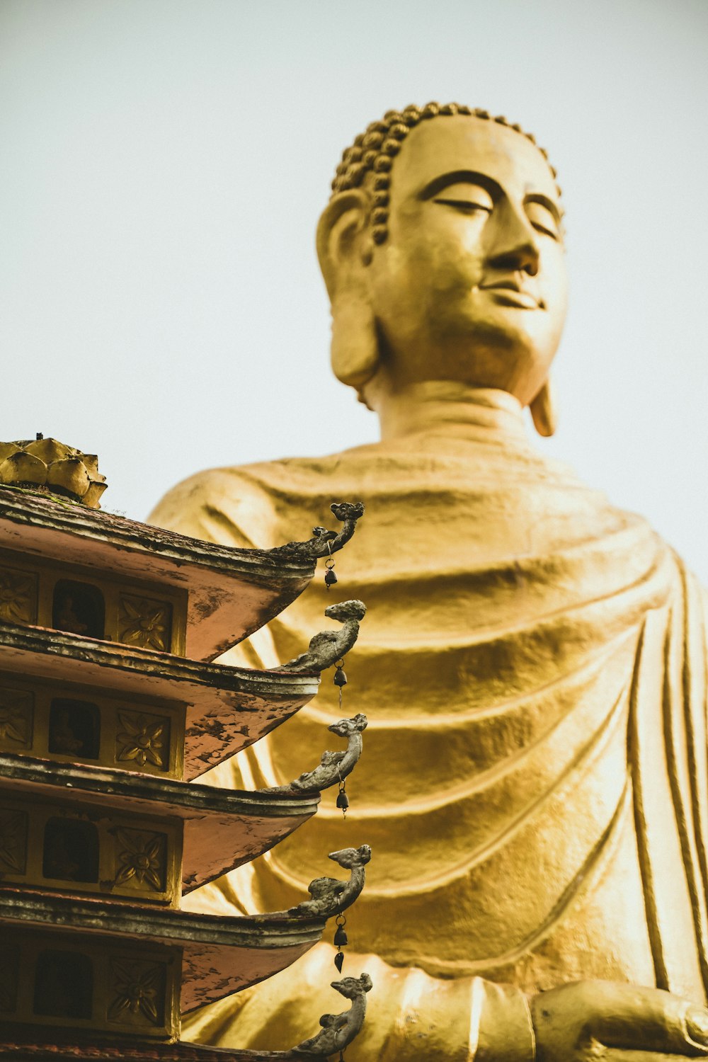 a large golden buddha statue sitting in front of a building