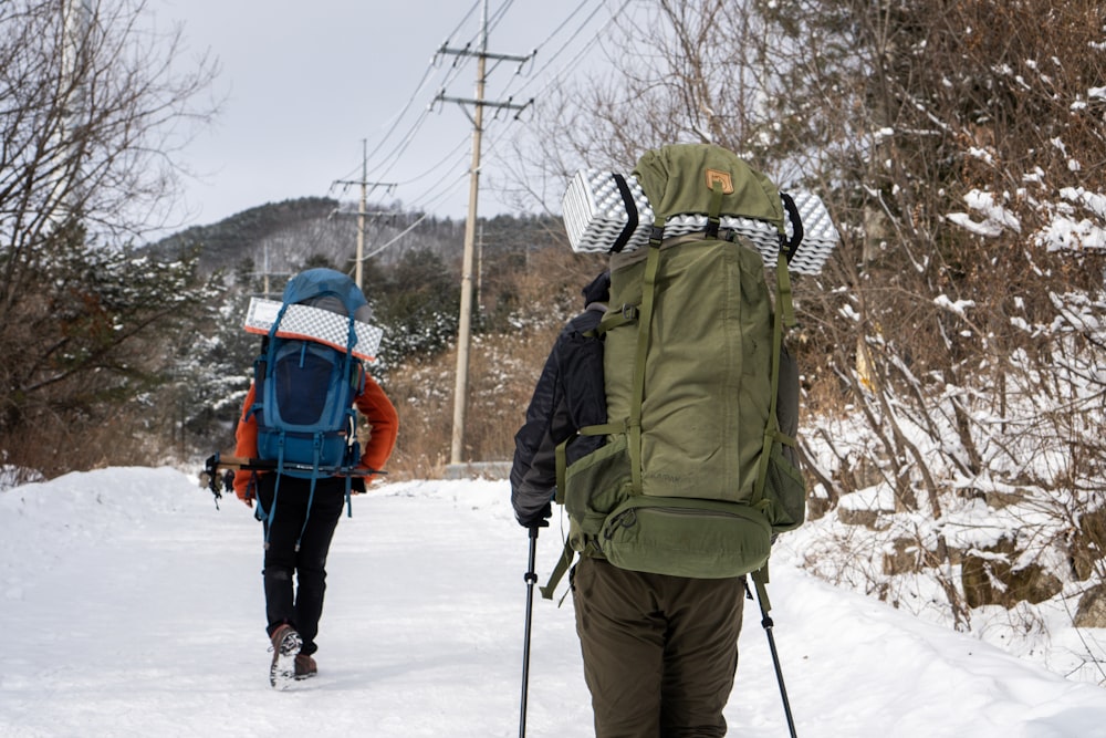 a couple of people that are walking in the snow